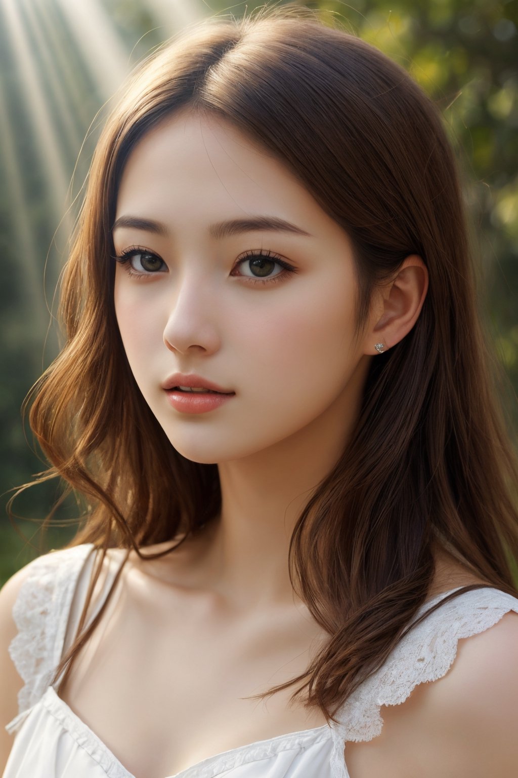 classical realism art, oil on canvas, cute and attractive 18 years old Japanese-European girl, half body portrait, Renaissance, realistic, elegant, beautiful lighting effect, pure shiny skin, soft tone, soft lens, very attractive, no shoes, dynamic pose, slender, Greek goddess Diana, mythology, tender face, soft features, looking young and innocent, elegant, hyper-realistic painting, ethereal background, holy rays of light from sky, 