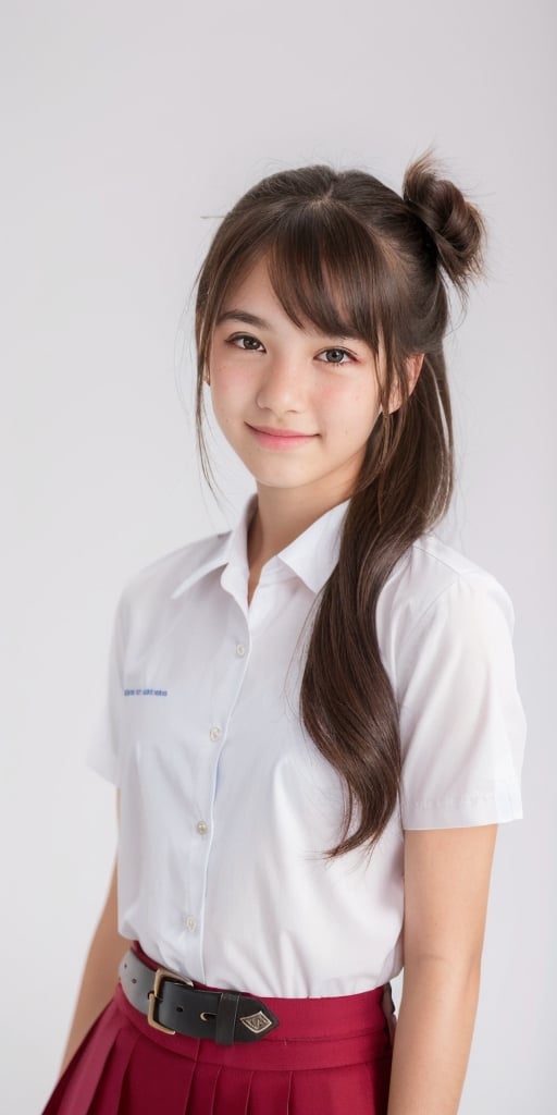 1girl, half body portrait, (age 13-16:1.4), gorgeous, (dynamic pose:0.8),studio lighting, white background, finnish-japanese  teen top model, bang, curly long hair, buns, heterochromia, Thai student uniform