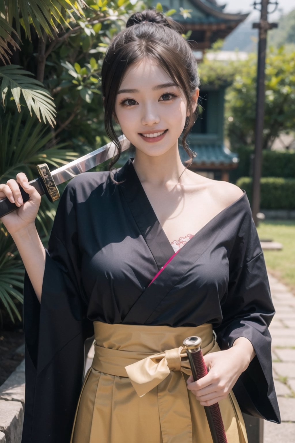 (masterpiece), 1girl, long brown hair, medium breast, hakama, holding katana, katana, weapon over shoulder,laughing and chatting,cosplay costume,1 girl,chinese talisman on forehead,Wearing edgTemptation