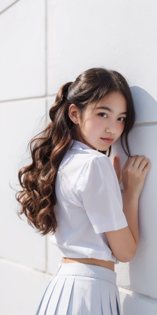 1girl, half body portrait, (age 13-16:1.4), gorgeous, (dynamic pose:0.8),studio lighting, white background, finnish-japanese  teen top model, bang, curly long hair, buns, heterochromia, white shirt, dark blue pleated  skirt, Thai student uniform