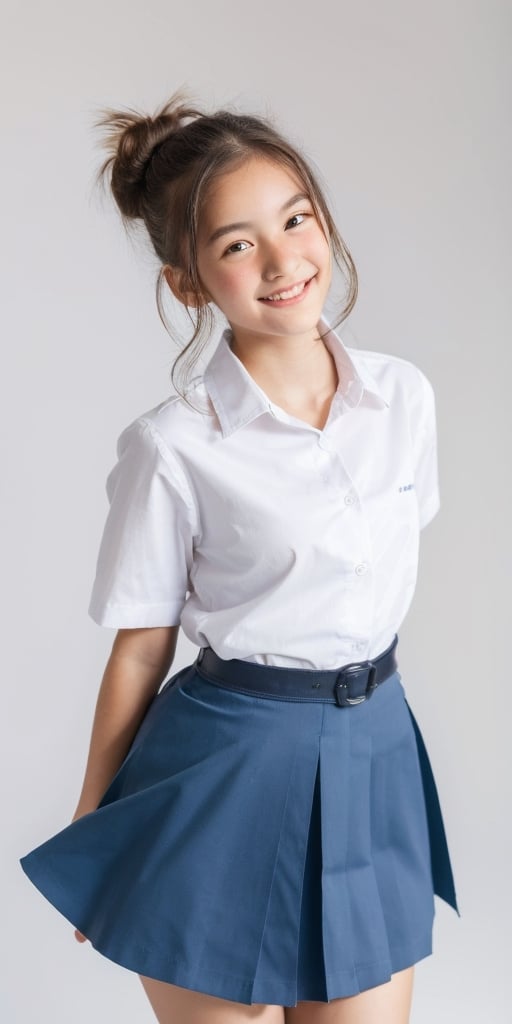 1girl, half body portrait, (age 13-16:1.4), gorgeous, (dynamic pose:0.8),studio lighting, white background, finnish-japanese  teen top model, bang, curly long hair, buns, heterochromia, white shirt, blue pleated  skirt, Thai student uniform
