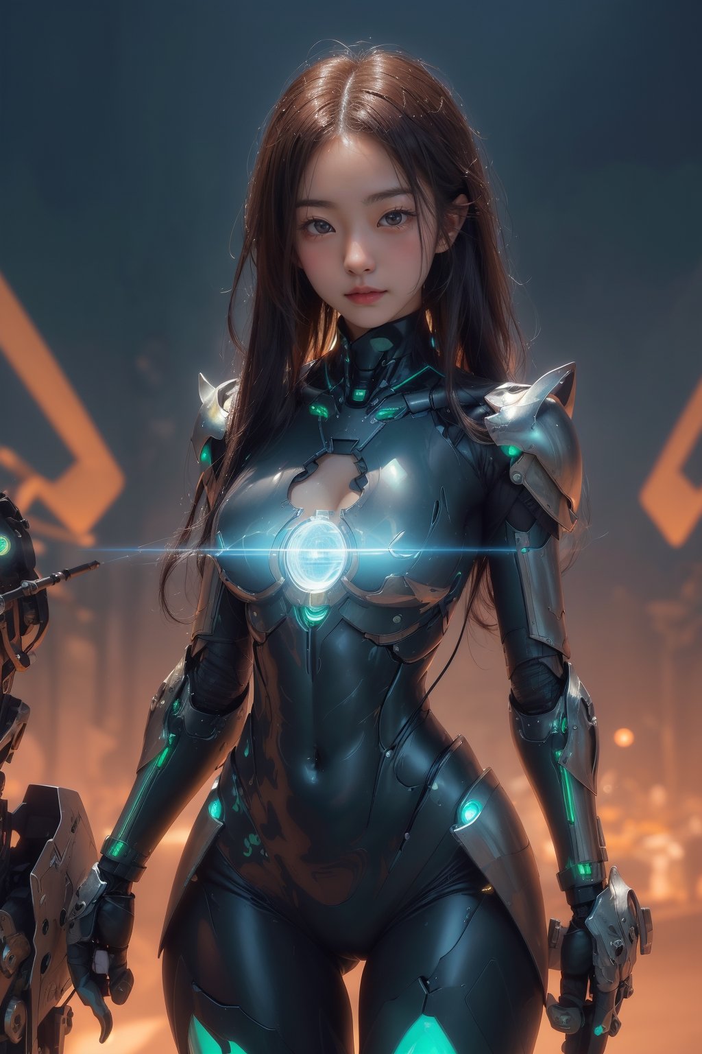 1girl, stunning toned girl, fully clothed, layered armor, small breasts, model woman, symmetrical beautiful face, oval jaw, asian features, big bright eyes, symmetrical perfect round iris, hourglass figure, flat chest, waist high Portrait, glowing wings, mecha girl, glowing eyes, metallic colorful skin, cybernetic, exposed wiring, mechanical joints, advanced, weaponry, glowing emerald chest, mechanical boots, stunning hourglass figure, long red silky hair with black highlights, medium chest, futuristic, shiny metal, metallic paint, absurdres, masterpiece, perfect quality, perfect proportions, brilliant lighting, cyberpunk, sharp focus, skin imperfections, smile, smile dimples, big bright eyes, big full lips, bioluminescent, wet bone structure, bright lighting, 