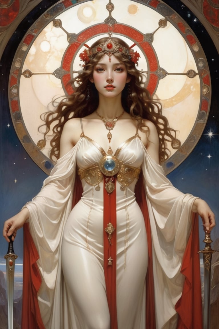 style of Alphonse Mucha ~an elegant medieval princess, standing with all her heroic determination staring deep into your soul, holding a royal sword, wearing a battle armor, her ornate robe reminiscent of the stars in the galaxy. surrealist. Shades of luminous white and red piercing shadow, reminiscent of Beuys and Qian Xuan ~ Carl Larsson ~ Titian ~ Raphael ~ Michael Angelo ~ Jean Auguste Dominique Ingres ~ Tony Taka ~ Frederic Leighton ~ Károly Lotz ~ Edward Poynter ~ Pierre-Auguste Renoir ~ Paul Peel ~ John Singer Sargent ~ Alexandre-Jacques Chantron ~ John William Godward ~ John William Waterhouse ~ Han-Wu Shen ~ Ishitaka Amano ~ Chakrapan Posayakrit ~ Kim Jung Gi ~ Kei Mieno ~ Ikushima Hiroshi ~  WLOP ~ William-Adolphe Bouguereau ~ Alphonse Mucha ~Luis Royo ~ David Hamilton photography ~ Range Murata 