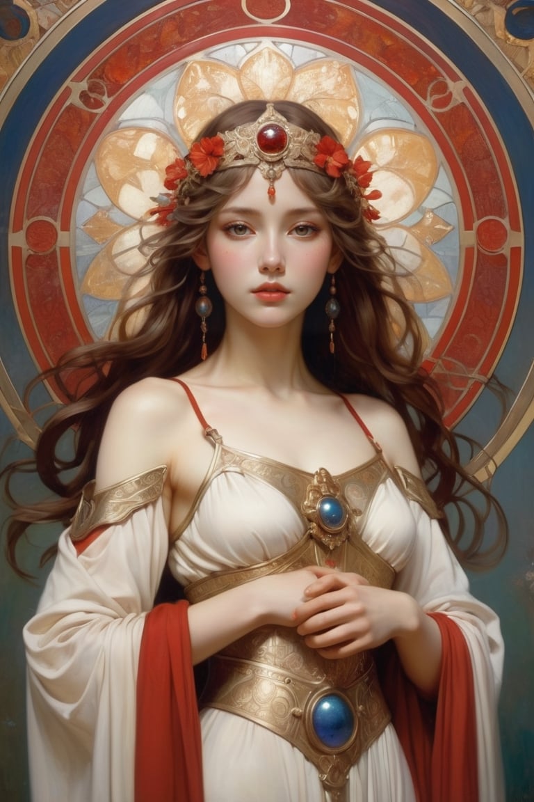 style of Alphonse Mucha ~an elegant medieval princess, standing with all her heroic determination staring deep into your soul, holding a royal sword, wearing a battle armor, her ornate robe reminiscent of the stars in the galaxy. surrealist. Shades of luminous white and red piercing shadow, reminiscent of Beuys and Qian Xuan ~ Carl Larsson ~ Titian ~ Raphael ~ Michael Angelo ~ Jean Auguste Dominique Ingres ~ Tony Taka ~ Frederic Leighton ~ Károly Lotz ~ Edward Poynter ~ Pierre-Auguste Renoir ~ Paul Peel ~ John Singer Sargent ~ Alexandre-Jacques Chantron ~ John William Godward ~ John William Waterhouse ~ Han-Wu Shen ~ Ishitaka Amano ~ Chakrapan Posayakrit ~ Kim Jung Gi ~ Kei Mieno ~ Ikushima Hiroshi ~  WLOP ~ William-Adolphe Bouguereau ~ Alphonse Mucha ~Luis Royo ~ David Hamilton photography ~ Range Murata 