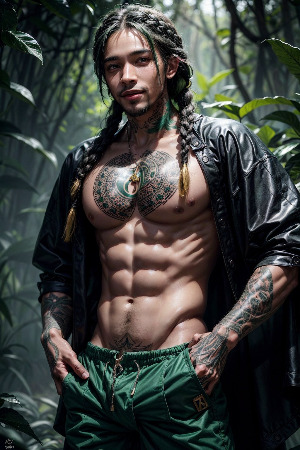 a 22 yo masculine manly muscular black man, happy smiling, flowing appearance, green speedo,  big bulge, green_hair, emerald_eyes, (long flowing Bohemian braids hair :1.3), dark theme, soothing green tones, green, muted colors, high contrast, (natural skin texture, tattooed, hyperrealism, soft light, sharp)