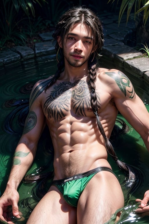 a 22 yo masculine manly muscular black man, laying in water, happy smiling, flowing appearance, green speedo,  big bulge, green_hair, emerald_eyes, (long flowing Bohemian braids hair :1.3), dark theme, soothing green tones, green, muted colors, high contrast, (natural skin texture, tattooed, hyperrealism, soft light, sharp)