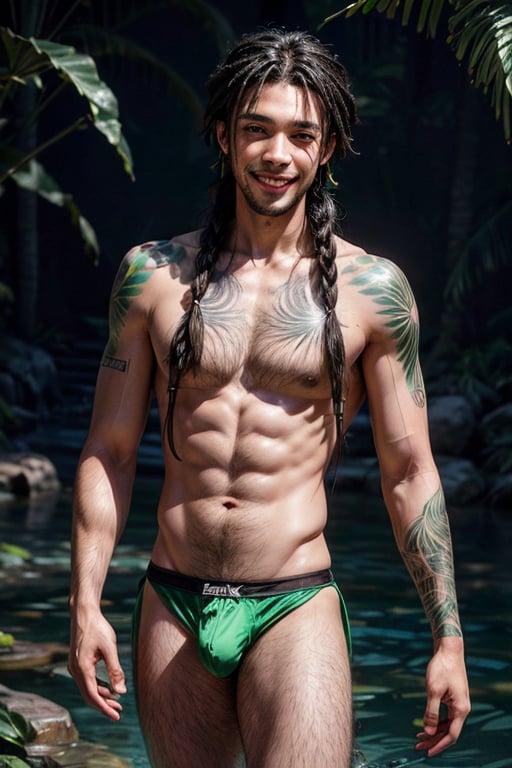 a 22 yo masculine manly muscular black man, happy smiling, flowing appearance, green speedo,  big bulge, green_hair, emerald_eyes, (long flowing Bohemian braids hair :1.3), dark theme, soothing green tones, green, muted colors, high contrast, (natural skin texture, tattooed, hyperrealism, soft light, sharp)