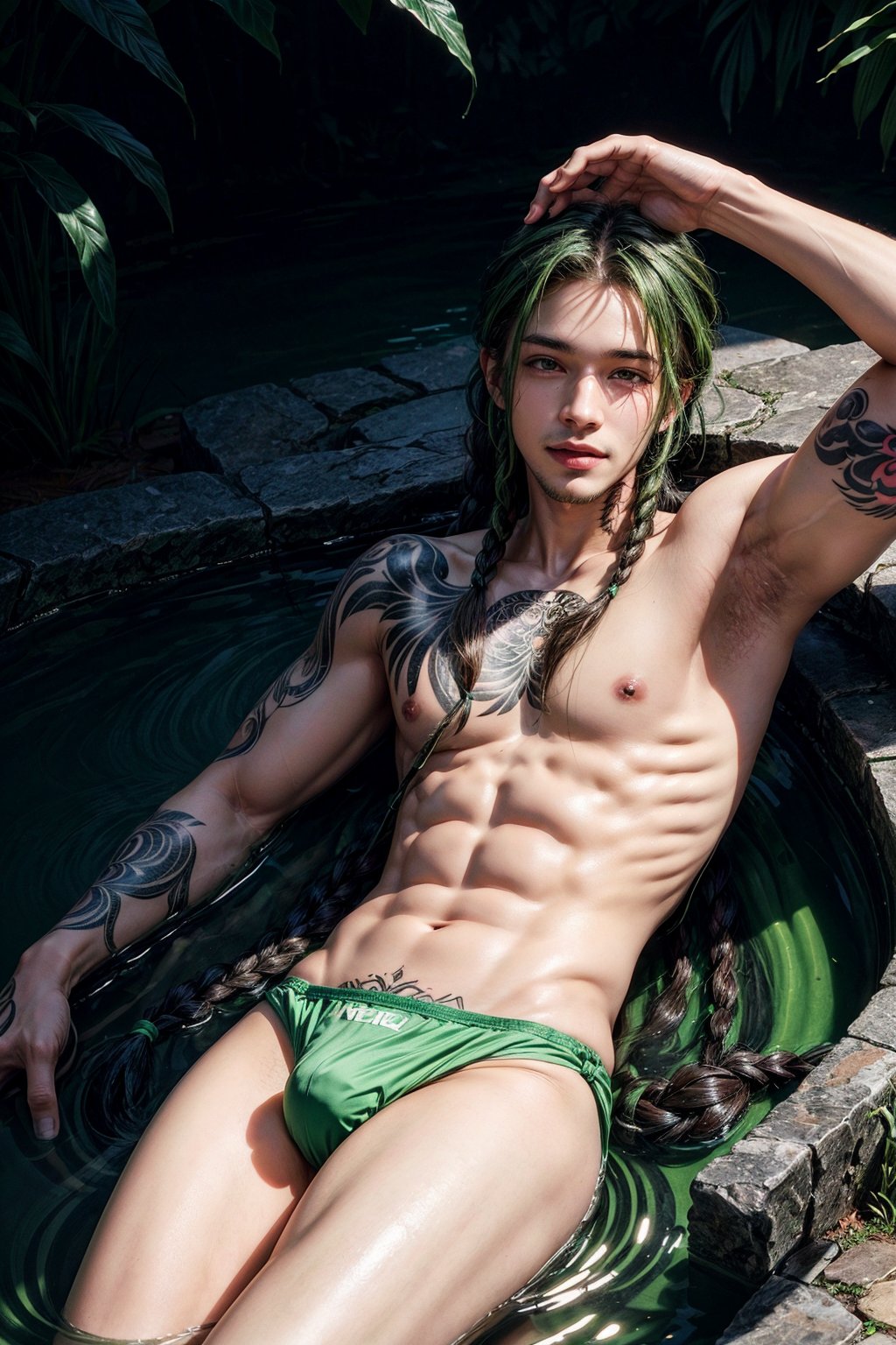 a 22 yo masculine manly muscular black man, laying in water, happy smiling, flowing appearance, green speedo,  big bulge, green_hair, emerald_eyes, (long flowing Bohemian braids hair :1.3), dark theme, soothing green tones, green, muted colors, high contrast, (natural skin texture, tattooed, hyperrealism, soft light, sharp)