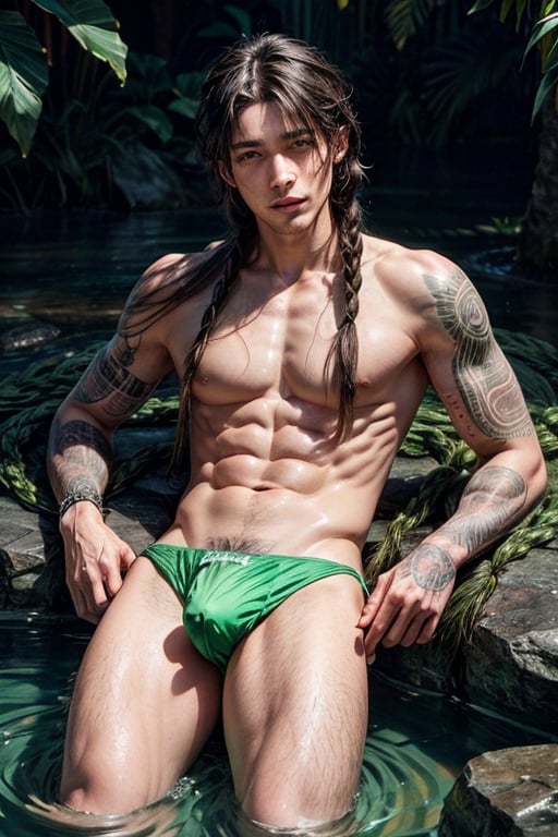 a 22 yo masculine manly muscular black man, relaxing, laying in water, happy smiling, flowing appearance, green speedo,  big bulge, green_hair, emerald_eyes, (long flowing Bohemian braids hair :1.3), dark theme, soothing green tones, green, muted colors, high contrast, (natural skin texture, tattooed, hyperrealism, soft light, sharp)