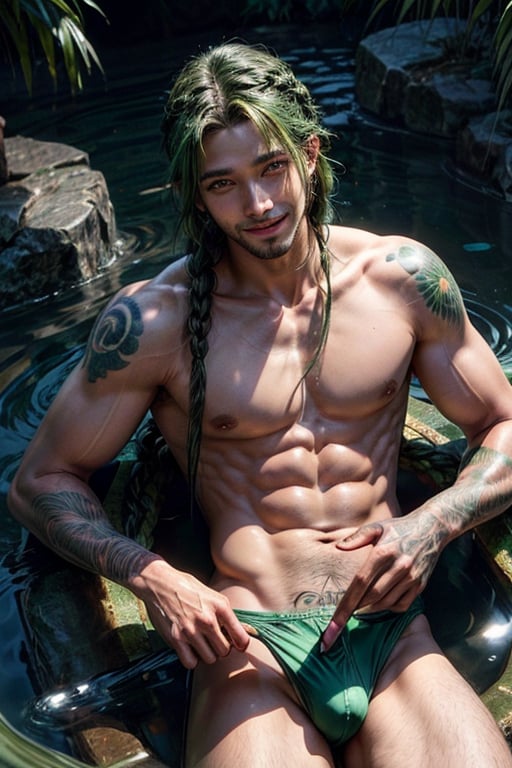 a 22 yo masculine manly muscular black man, laying in water, happy smiling, flowing appearance, green speedo,  big bulge, green_hair, emerald_eyes, (long flowing Bohemian braids hair :1.3), dark theme, soothing green tones, green, muted colors, high contrast, (natural skin texture, tattooed, hyperrealism, soft light, sharp)