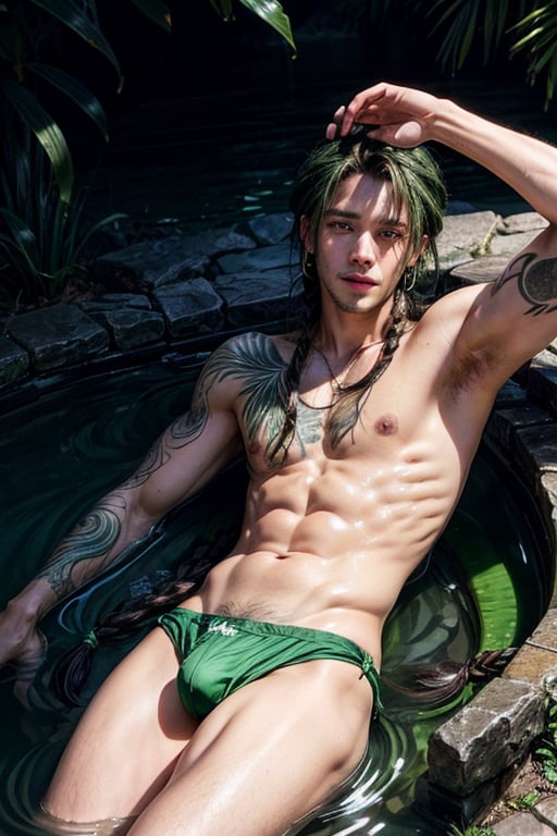 a 22 yo masculine manly muscular black man, laying in water, happy smiling, flowing appearance, green speedo,  big bulge, green_hair, emerald_eyes, (long flowing Bohemian braids hair :1.3), dark theme, soothing green tones, green, muted colors, high contrast, (natural skin texture, tattooed, hyperrealism, soft light, sharp)