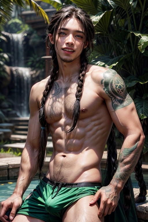 a 22 yo masculine manly muscular black man, happy smiling, flowing appearance, green speedo,  big bulge, green_hair, emerald_eyes, (long flowing Bohemian braids hair :1.3), dark theme, soothing green tones, green, muted colors, high contrast, (natural skin texture, tattooed, hyperrealism, soft light, sharp)