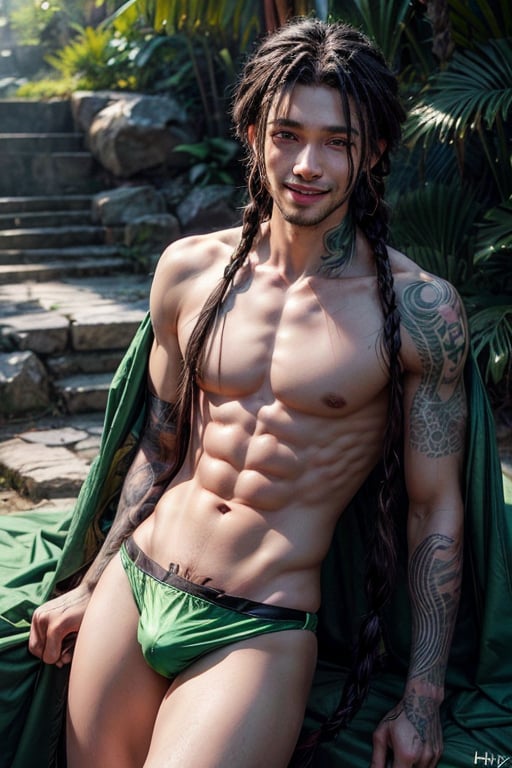 a 22 yo masculine manly muscular black man, happy smiling, flowing appearance, green speedo,  big bulge, green_hair, emerald_eyes, (long flowing Bohemian braids hair :1.3), dark theme, soothing green tones, green, muted colors, high contrast, (natural skin texture, tattooed, hyperrealism, soft light, sharp)