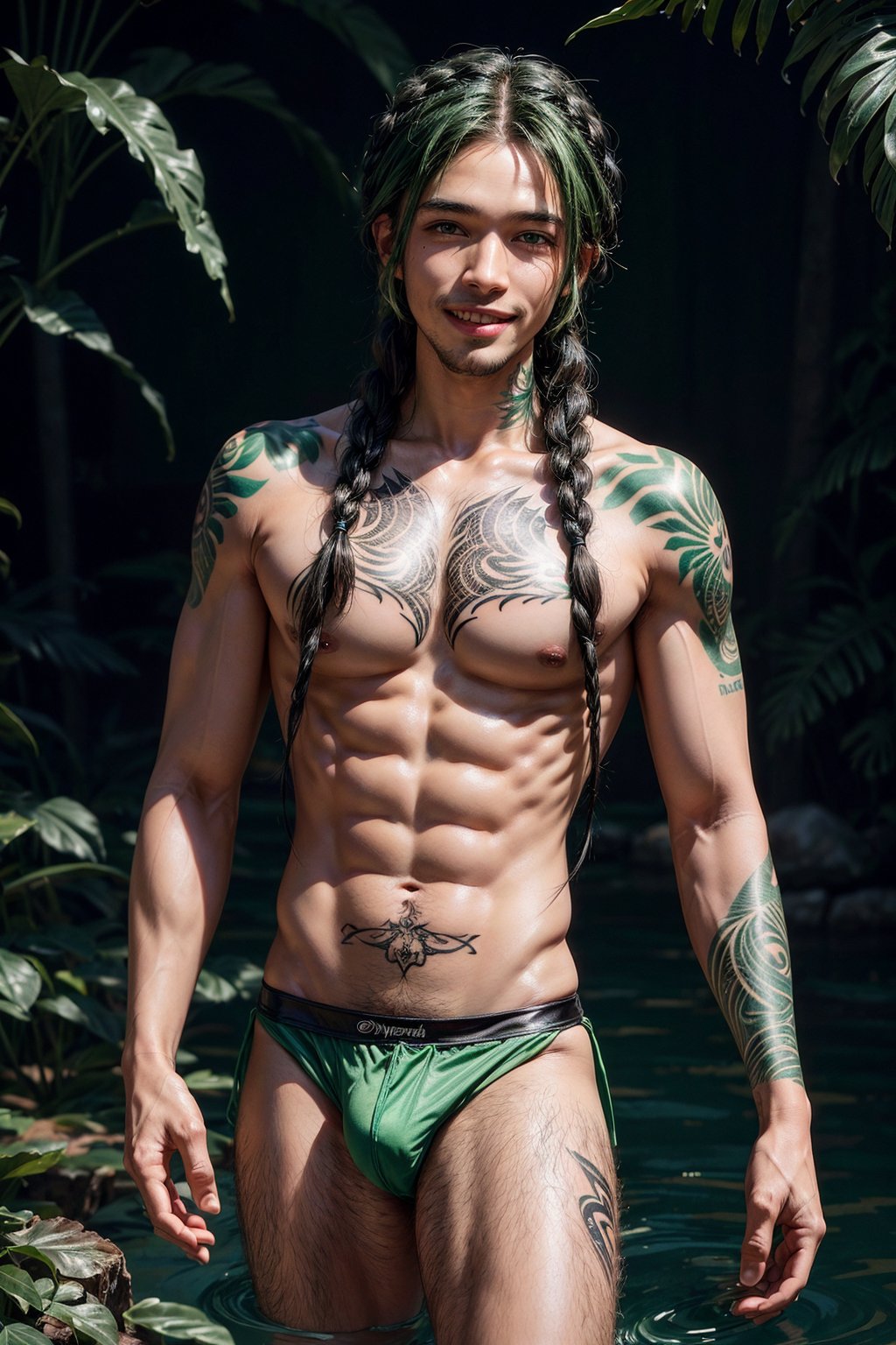 a 22 yo masculine manly muscular black man, happy smiling, flowing appearance, green speedo,  big bulge, green_hair, emerald_eyes, (long flowing Bohemian braids hair :1.3), dark theme, soothing green tones, green, muted colors, high contrast, (natural skin texture, tattooed, hyperrealism, soft light, sharp)