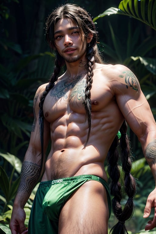 a 22 yo masculine manly muscular black man, happy smiling, flowing appearance, green speedo,  big bulge, green_hair, emerald_eyes, (long flowing Bohemian braids hair :1.3), dark theme, soothing green tones, green, muted colors, high contrast, (natural skin texture, tattooed, hyperrealism, soft light, sharp)