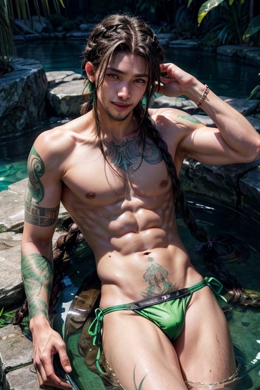 a 22 yo masculine manly muscular black man, relaxing, laying in water, happy smiling, flowing appearance, green speedo,  big bulge, green_hair, emerald_eyes, (long flowing Bohemian braids hair :1.3), dark theme, soothing green tones, green, muted colors, high contrast, (natural skin texture, tattooed, hyperrealism, soft light, sharp)