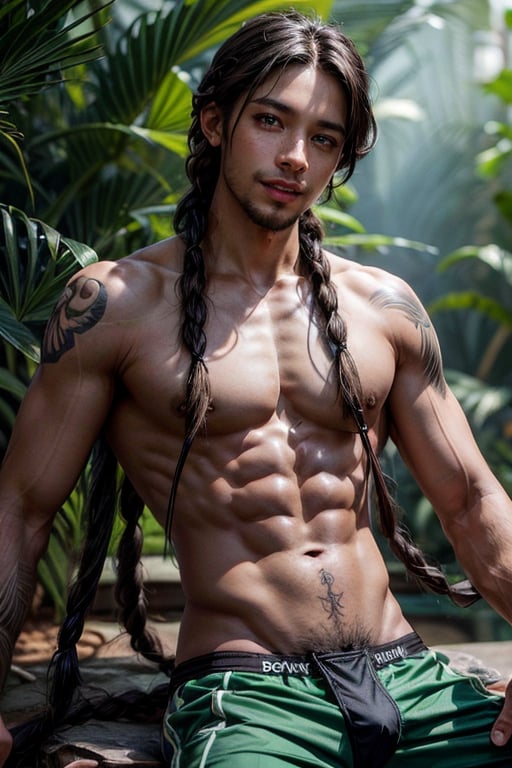 a 22 yo masculine manly muscular black man, happy smiling, flowing appearance, green speedo,  big bulge, green_hair, emerald_eyes, (long flowing Bohemian braids hair :1.3), dark theme, soothing green tones, green, muted colors, high contrast, (natural skin texture, tattooed, hyperrealism, soft light, sharp)