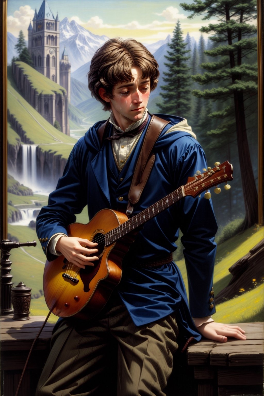 A medieval minstrel with very colorful suit with tippet and hood playing a mandolin in a romantic landscape, crying, sadness, depressed, oil painting, extremely detailed, masterpiece, approaching to perfection, by Moritz von Schwind and Alan Lee