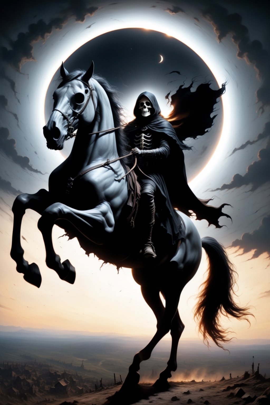 //quality
(((masterpiece))),best quality, full body portrait, solo horseman, grim reaper, skeletal, lich, deadman,
//Character
masterpiece, skeletal grinning face, (((grim reaper on a flying_horse))), (riding through the sky), , (((flying))), wearing rusted metal armor,  scraming, ((brightly glowing eyes)), riding a dead horse with rusty metal barding,
//Fashion
black cloak, rusted armor, (((no helmet))), hand held energy cannon, 
//Background 
(((total solar eclipse))), distant mountains, distant ruined modern city, daytime sky,EpicSky,zkeleton,weapon over shoulder,more detail XL,realistic