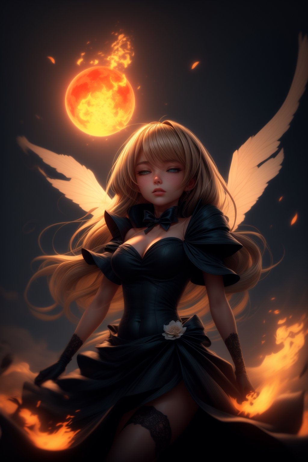 (((masterpiece))),best quality, illustration,beautiful detailed glow,(beautiful detailed eyes), (dark magician girl:1.1),big forhead,flower,large top sleeves,Floating ashes, Beautiful and detailed explosion, red moon, fire,Fire cloud, Wings on fire, a cloudy sky, smoke of gunpowder, burning, black dress, (beautiful detailed eyes),expressionless,beautiful detailed white gloves, Dove of peace, (floating cloud:1.2),azure hair,disheveled hair,long bangs, hairs between eyes, black kneehighs, black ribbon,white bowties,midriff,{{{half closed eyes}}},