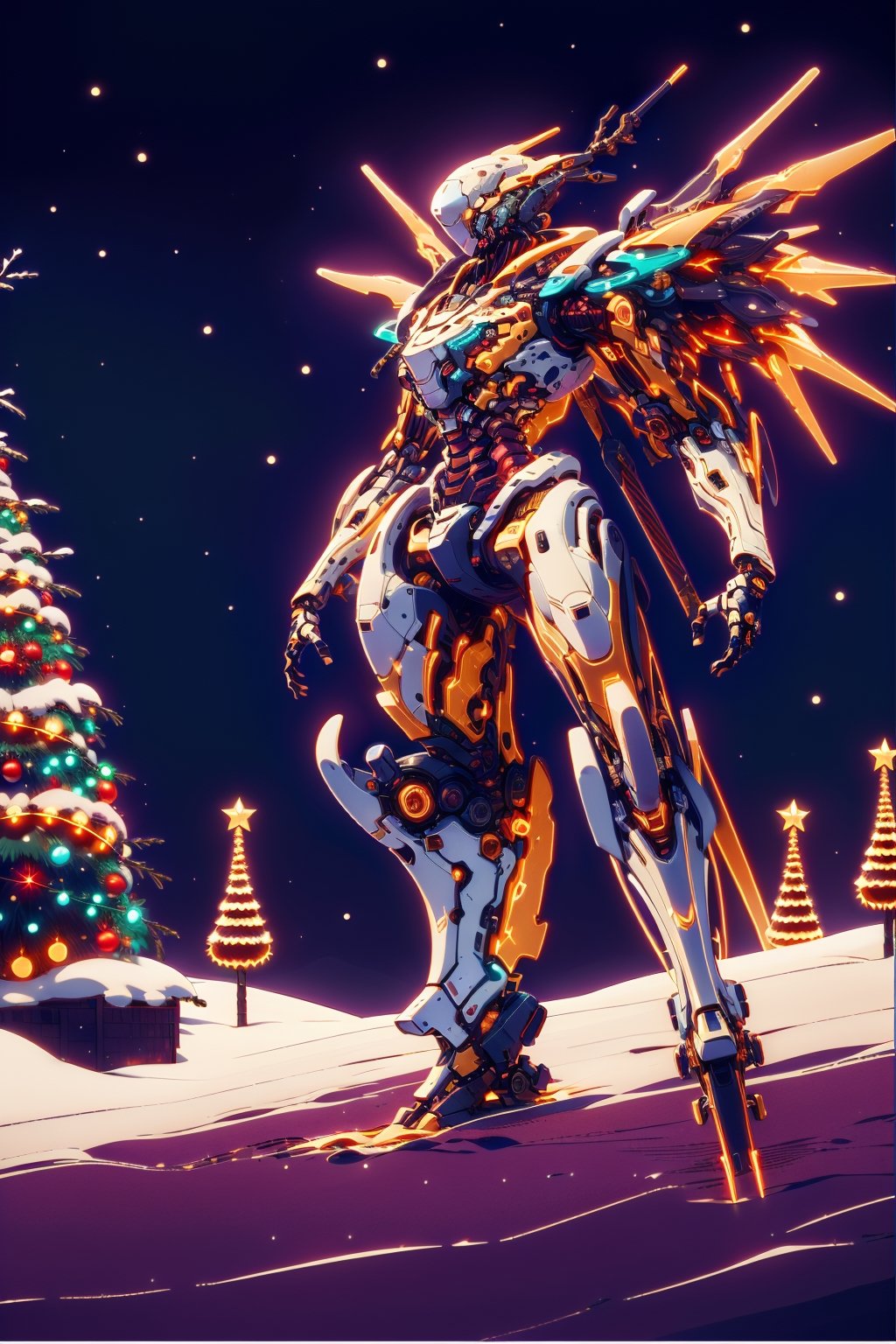 A professional image of a christmas_mecha. flying, wings, starry_night, snowy night, small town, christmas decorations, christmas lights, higly detailed, by Norman Rockwell,baimecha,DonMN30nChr1stGh0sts