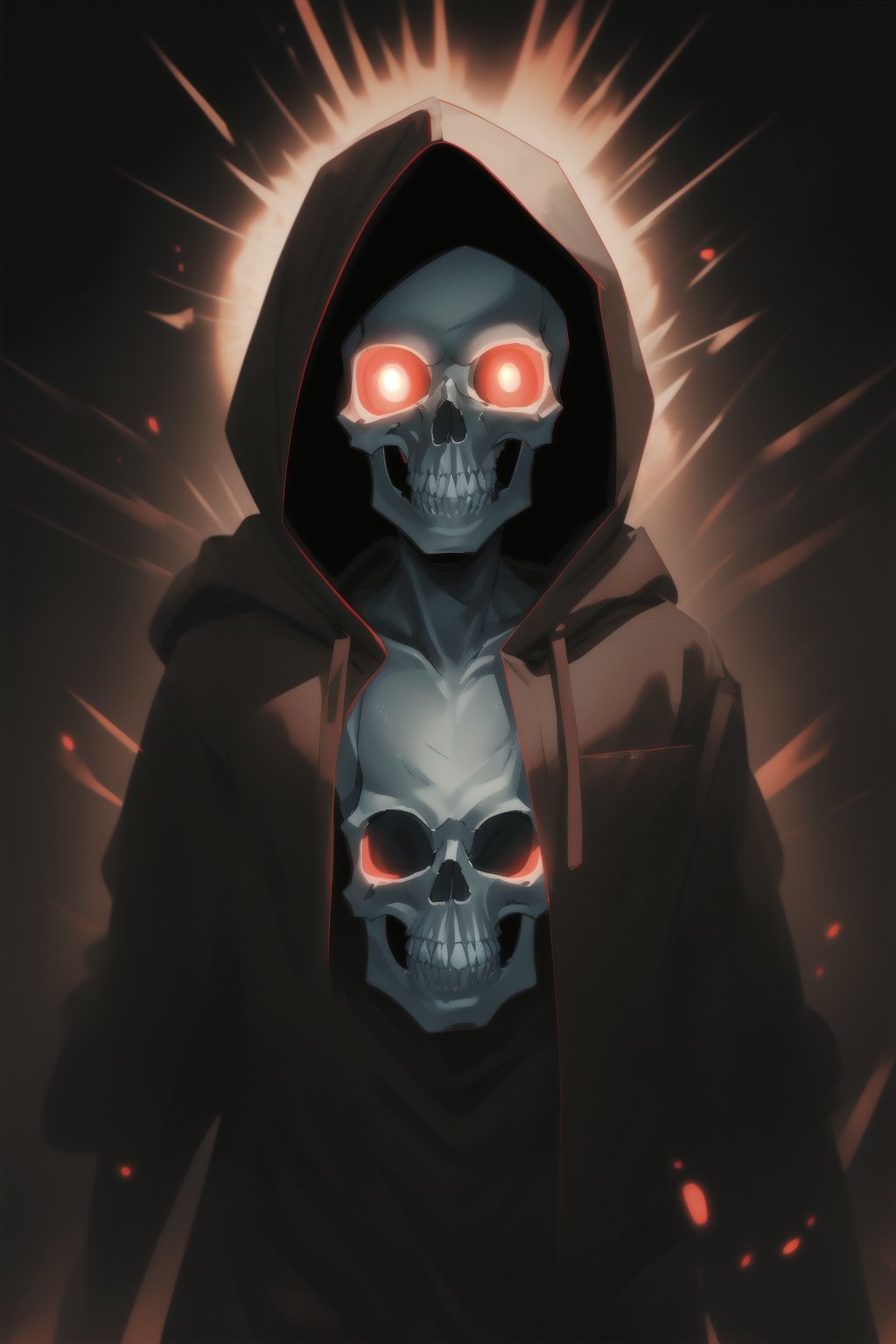 solo, looking at viewer, 1boy, tail, upper body, male focus, teeth, hood, glowing, glowing eyes, skull