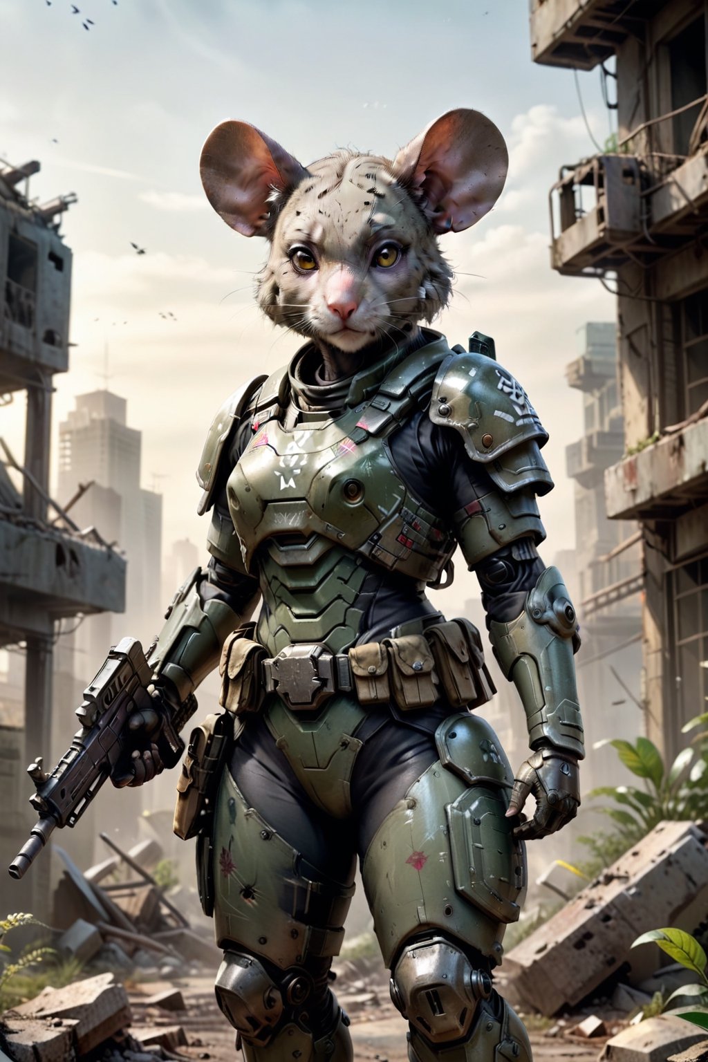 //quality
(((masterpiece))),best quality, full body portrait, solo character, mouselike woman,
//Character
masterpiece, feminine mouse as soldier, mouse_woman, mouse soilder, scouting, searching,  detailed hands, kind eyes, fearful facial expression, very detailed face, realistic fur, very small body, very petite, very short, ear piercings,
//Fashion
scifi power armor, (((no helmet))), hand held energy cannon, 
//Background 
post apocalyptic modern city, ruins, overgrown, dangerous, a on black canvas, ominous landscapes, Des3rt4rmor,girl,pistol,gun,M16 Rifle series,more detail XL