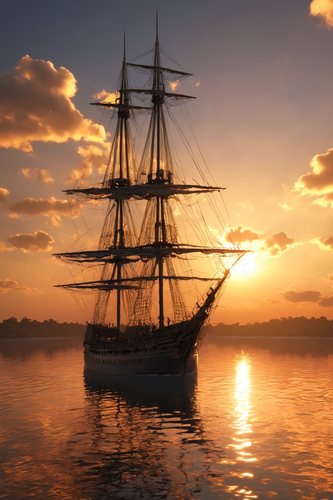 (((masterpiece))), (((best quality))), ((ultra-detailed)),  tall ship in lake, beautifull sunset  back ground, sun mirror on lake, cinematic light, ,chibi