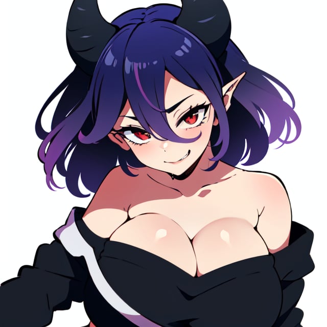 Vermeil, low cut, sexy, 1gir, purple hair, red eyes, white background