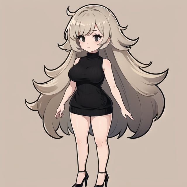  Long Messy Hair, Beige Skin, Black Eyes, Black Sleeveless Sweater, Big Breasts, Big Thighs, Black Heels, White EyelashesWhite, Chibi, Full Body, Standing