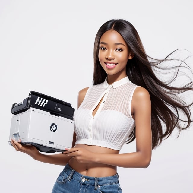 masterpiece, best quality, photorealistic, raw photo, African mix race girl, long hair, blouse, light smile, detailed skin, advertising pose, holding a. HP 285A toner cartridge in front of her, white_background