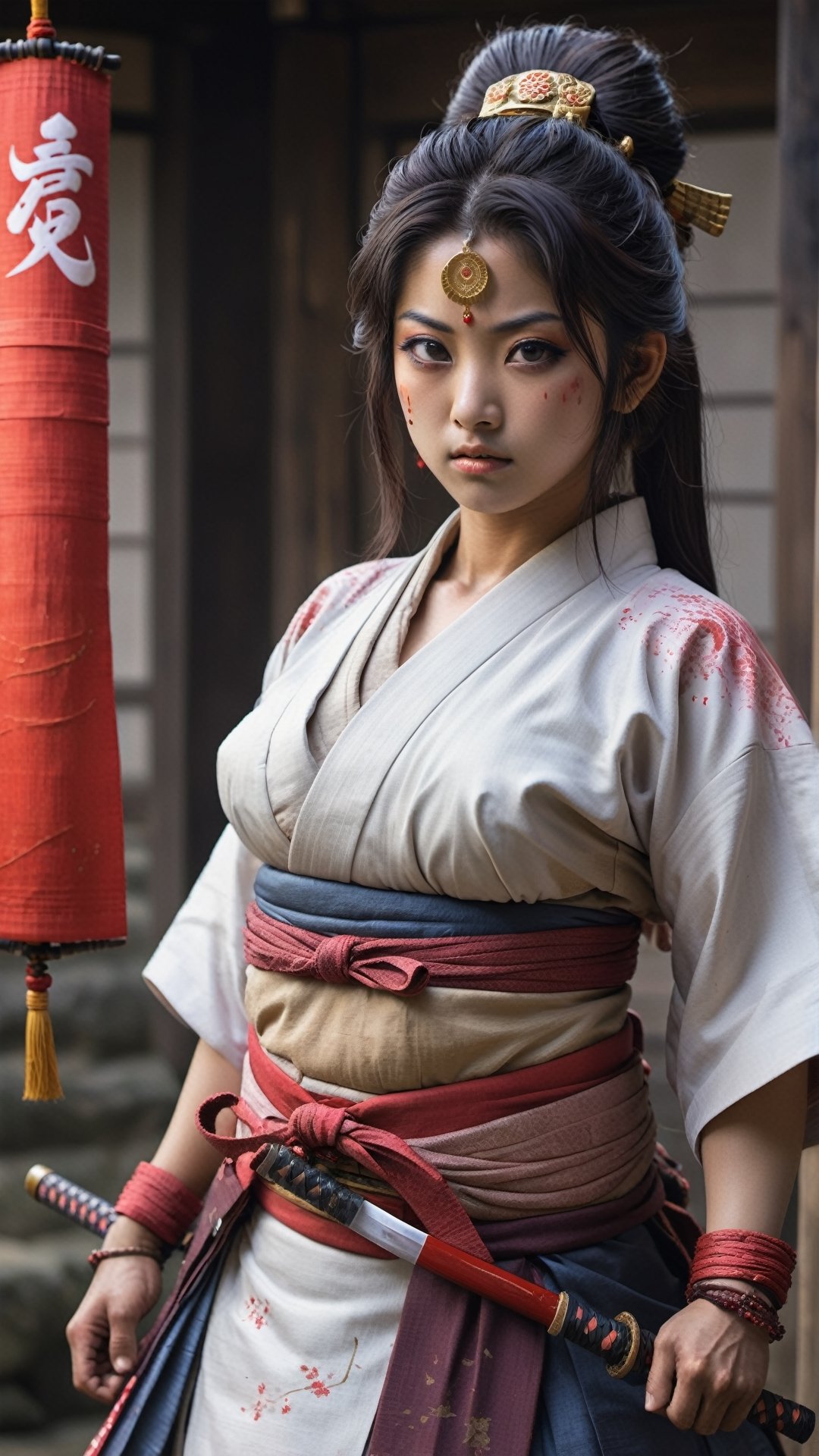 3ultra Detailed,Realistic, Worn and dirty soiled male kimono,dirty skin,bathed blood, 1 beautiful young Girl, handsome and strong Arabian Girl,gigantic breast,(Cleavage),(curvy body),dark skin,Chakra,Indian Jewelry,nose piercing,luxury golden necklacs, Japan Medieval age foreigne,hakama,Japanese style gaiter,fight pose,Japanese bow, ,A Arabian SAMURAI Girl who has fought on the battlefield for a long time and considers the honor of a samurai to be his first priority,