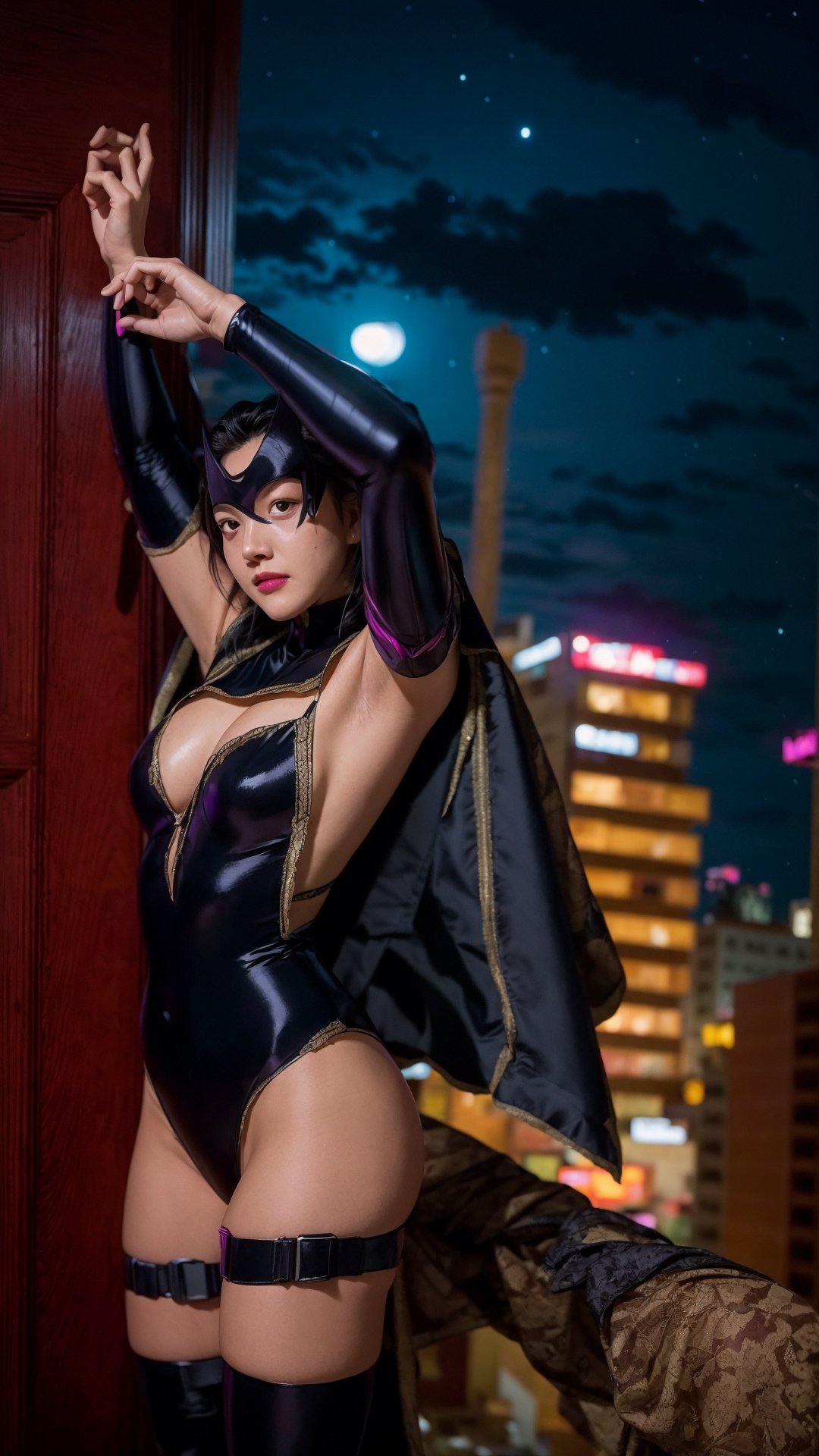 ((masterpiece,best quality)), absurdres, Huntress_JLU, cape, leotard, night sky and city lights in background, cinematic composition, dynamic pose,Huntress_JLU