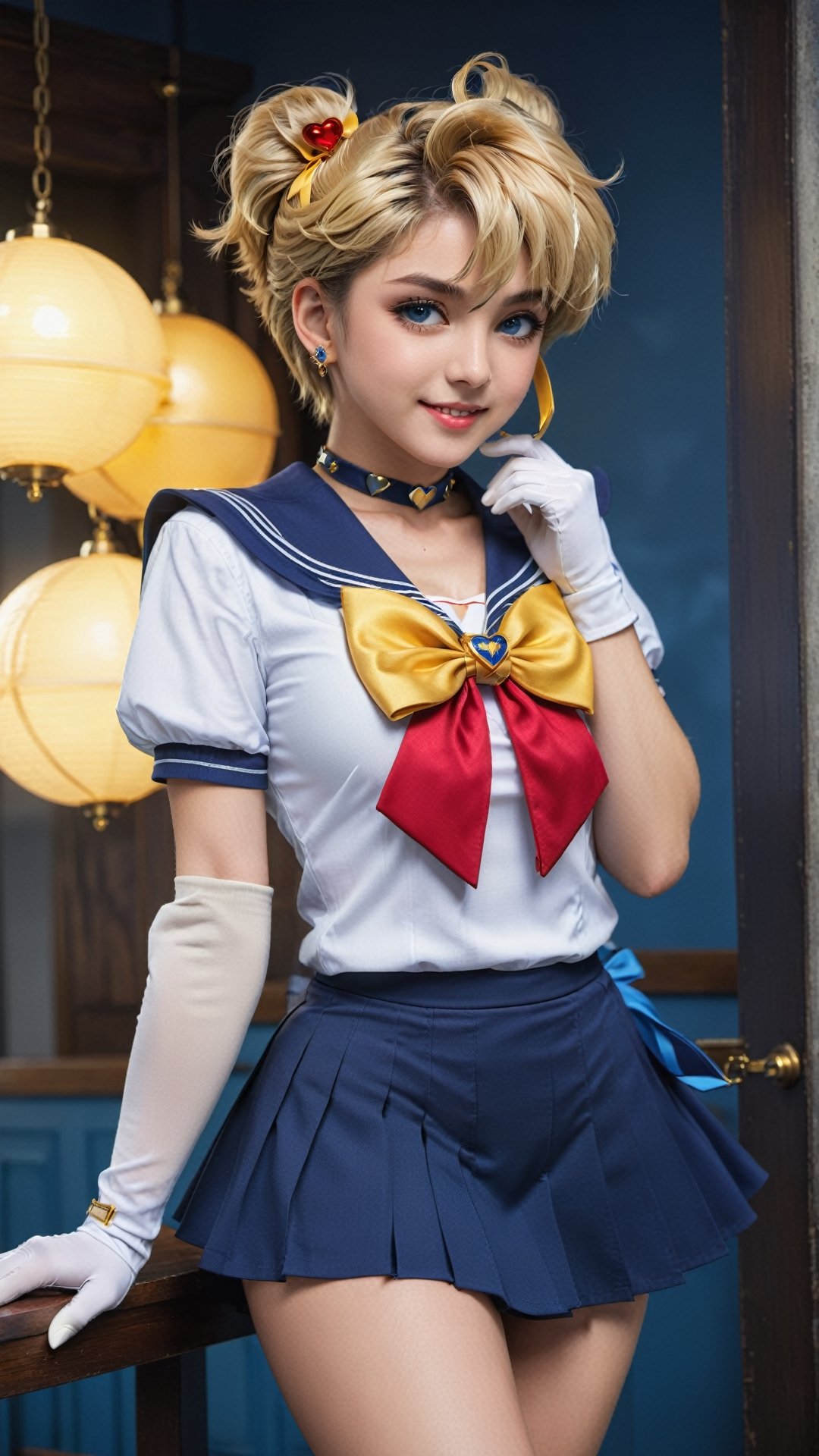 masterpiece, best quality, high resolution, unity 8k wallpaper, beautiful detailed eyes, extremely detailed face, perfect lighting, extremely detailed CG, perfect hands, perfect anatomy sailor uranus, very short hair, blonde hair, blue eyes, tiara, blue sailor collar, sailor collar, blue choker, yellow bow, blue footwear, bow, brooch, choker, earrings, elbow gloves, gloves, heart, heart brooch, sailor collar, skirt, pleated skirt, sailor collar, sailor senshi uniform, skirt, stud earrings, white gloves smiling, twinkle in the eyes, hero pose, straight legs to sides, V fingers,sailor uranus