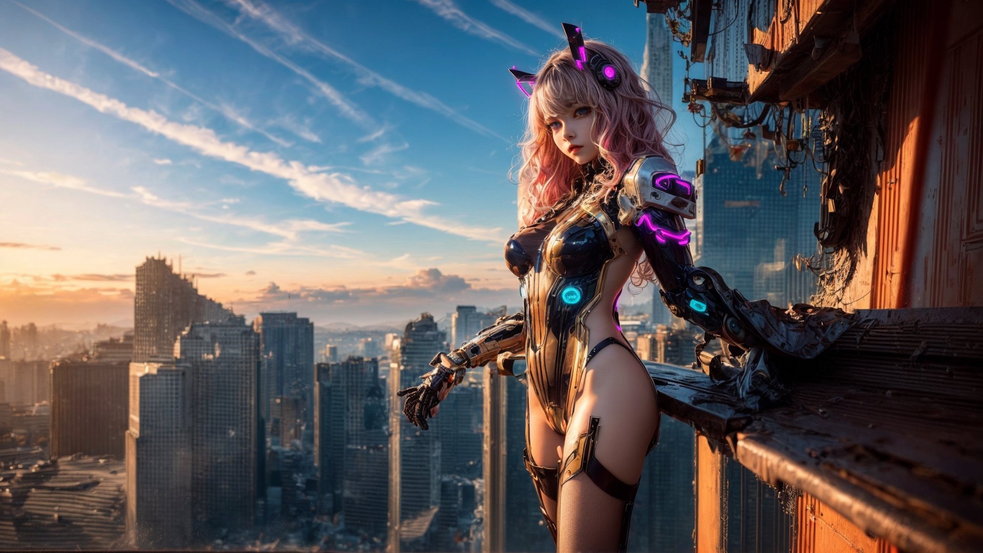 (masterpiece, top quality, best quality, official art, beautiful and aesthetic:1.2), (1girl), extreme detailed,(fractal art:1.3), colorful, highest detailed, r1ge, A photo of a sexy 16-year-old girl floating around in an erotic futuristic mechanical suit, ((neon)), full body, fortn view, look at view, nude, short hair, pink hair, ((wavy hair)), hair ornament, futuristic ruined city in the background, sunset light in the distance, The general atmosphere is mildly sad but peaceful, transparent bodystocking, mecha, zoom out, high angle view,Arial view,transparent bodystocking
