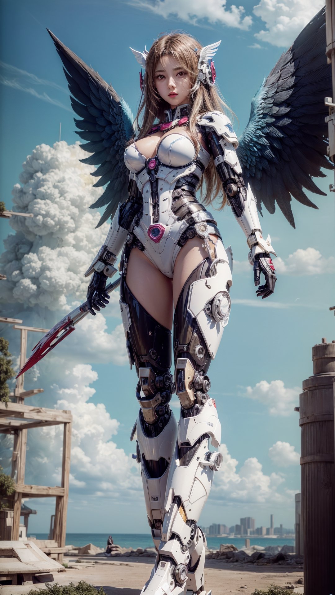 mecha,1girl,Detailed mechanical body, mecha angel wings,full body,mechanical_wings,thrusters,sky,cloudy sky,(masterpiece, incredibly absurdres, highres, best quality, official art, beautiful and aesthetic:1.2), (shiny skin, shiny face),