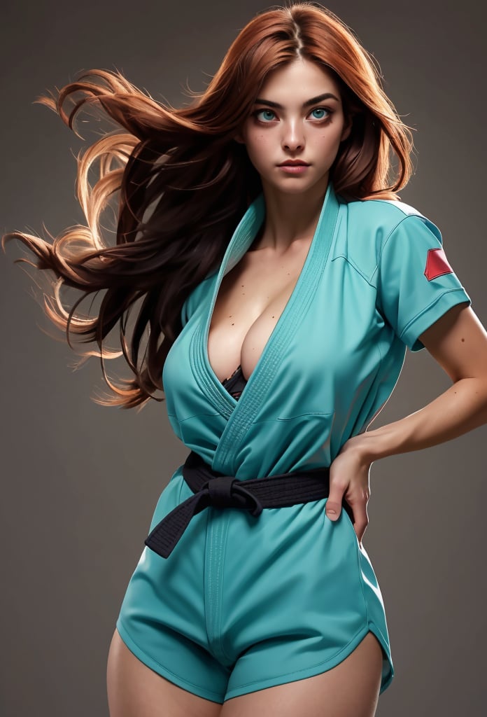 ultra-detailed, 
((High resolution)),((high detailed)), cowboy shot, photo realistic, masterpiece, official art, masterpiece, 1 girl, beautiful teenage girl, young teenage martial art fighter, sexy judo, long hair, ginger hair, two buns, curl, sexy judo outfit, determined, fearless, judo, high kick, dynamic pose, combat pose, heroic, brilliant, unbuttoned, Tiffany blue bra, perfect feet, sexy legs, medium breast, nice boobs, lots of exposed skin, full body, 7cleavage cutout, torn clothing, wounded body, dirty face,  ((hyper detailed face)),((hyper detailed eyes)),(((exposed thighs))),sivir