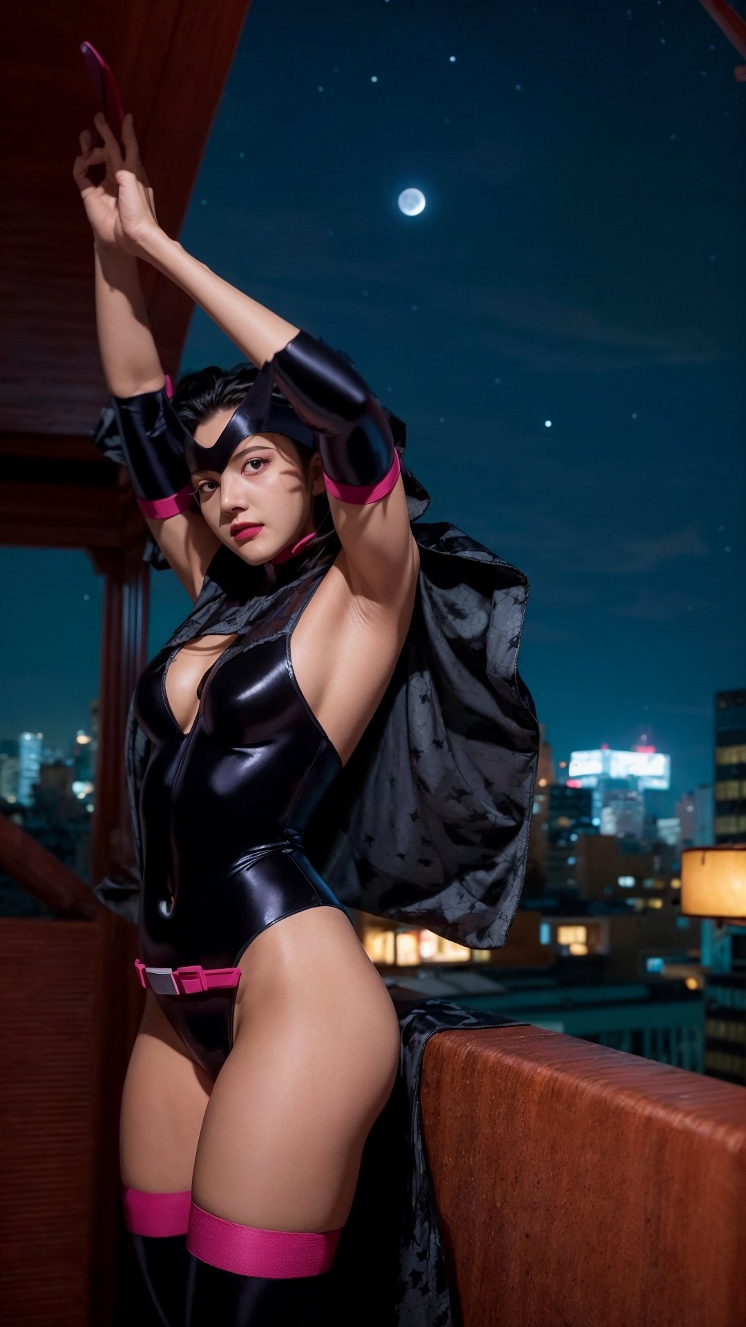 ((masterpiece,best quality)), absurdres, Huntress_JLU, cape, leotard, night sky and city lights in background, cinematic composition, dynamic pose,Huntress_JLU