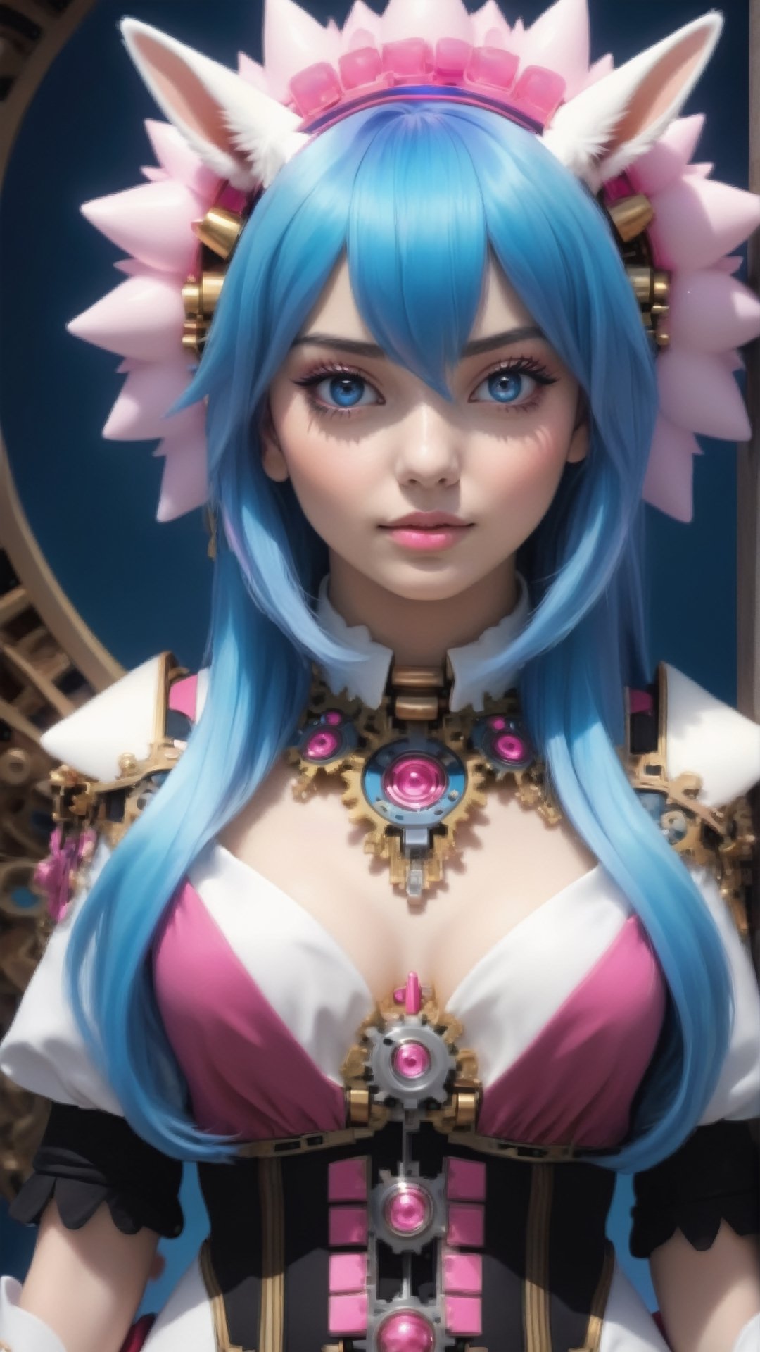 (masterpiece, top quality, best quality, official art, beautiful and aesthetic:1.2), (1 girl:1.4), Upper body portrait of a stunning and captivating character with (pink|blue hair:1.5), meticulously detailed in a mesmerizing and colorful (fractal art:1.3) style, featuring the highest level of detail and showcasing intricate (Mechanical modification:1.5).,bunnytech,ritsu______co