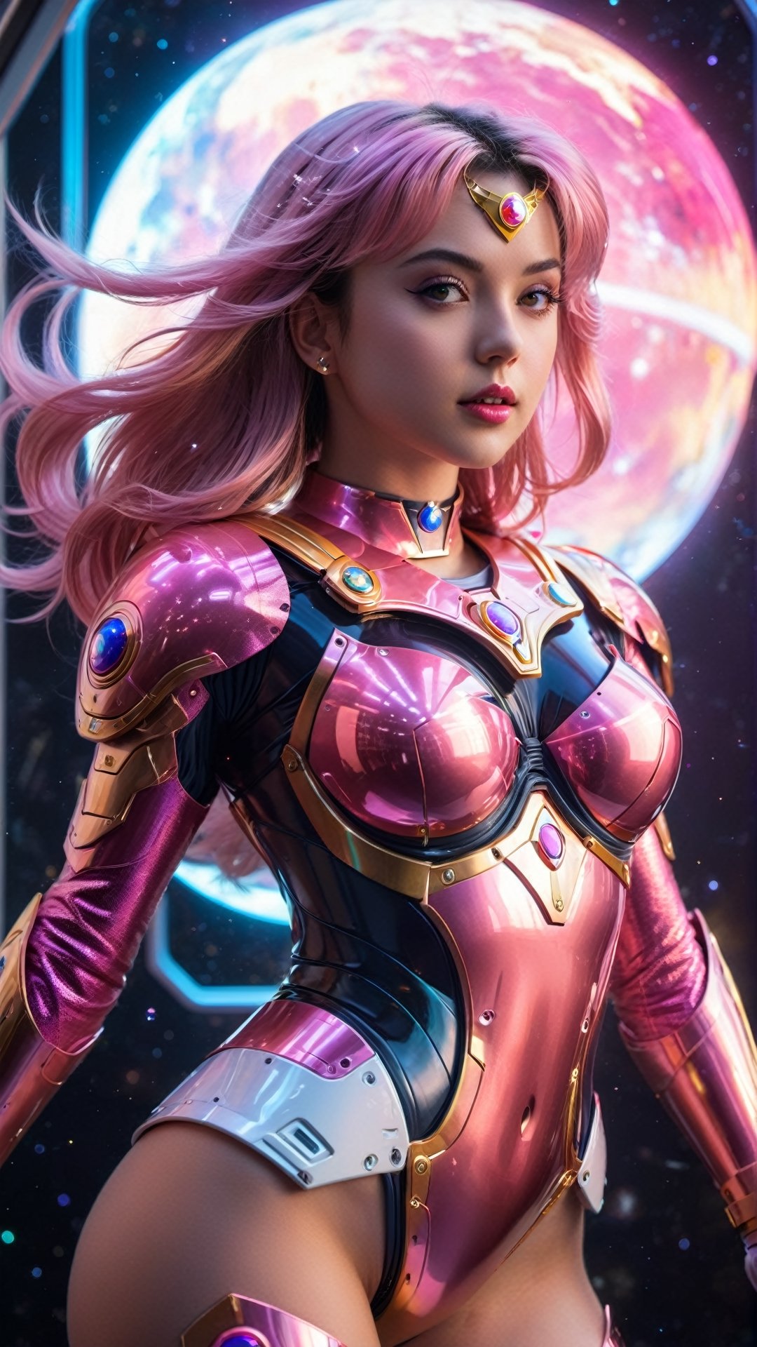 1(wide_angle _view, full_body_shot), (zero gravity, weightlessness, floating in space, floating_hair), Beautiful sailor moon saturn in a pink reflective robotic suit, cyborg style, Xenia Tchoumitcheva/Franziska Knuppe hybrid, (in space, stars, space battle, starships, light rails, light particles), 8k resolution concept art portrait by Greg Rutkowski, Artgerm, WLOP, random neon holographic, prismatic, dynamic lighting hyperdetailed intricately detailed Splash art trending on Artstation Unreal Engine 5 volumetric lighting golden ratio dynamic lighting retrofuturism cyberpunk 8k resolution synthwave vaporwave solarpunk futuristic retrofuturism,