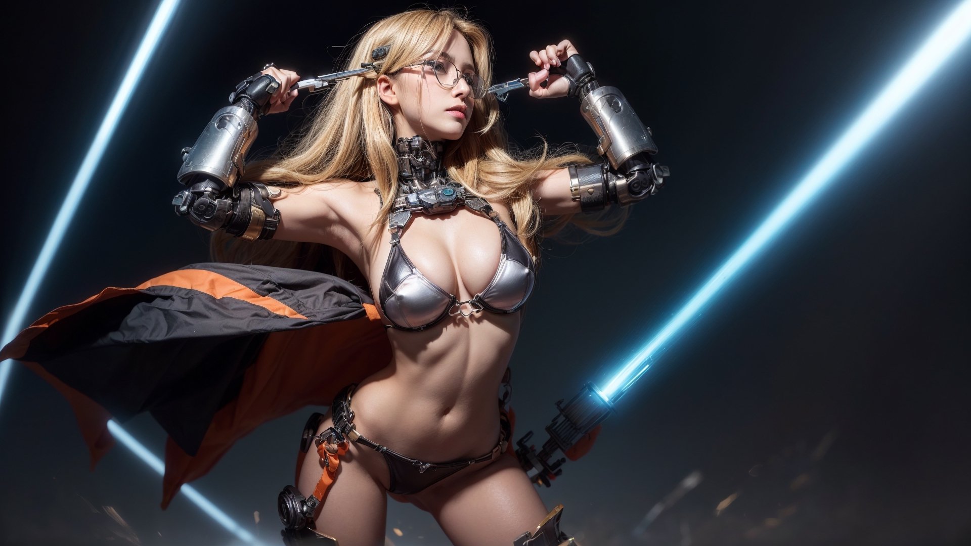 masterpiece, best quality, best quality, Amazing, beautiful detailed eyes, extremely detailed CG unity 8k wallpaper, dark themes 1girl, wearing black leather bikini, medium breast, medium natural breast, dropping breast, natural saggy breast, big hip, (long blond wavy hair in the air:1.34), (perfert long legs:1.35), (glasses:1.35), (more machanical detial:1.36), (leon light translucent from join, Ultra-shiny black and orange colored titanium cyborg body covering the body, mecha musume, cowboy shot,weapon, Ultra-shiny ultra-hard Transformers cyborg body, (furture battelfield background:1.35), hourglass body shape, low angle shots,hydrotech,mechanical,ritsu______co