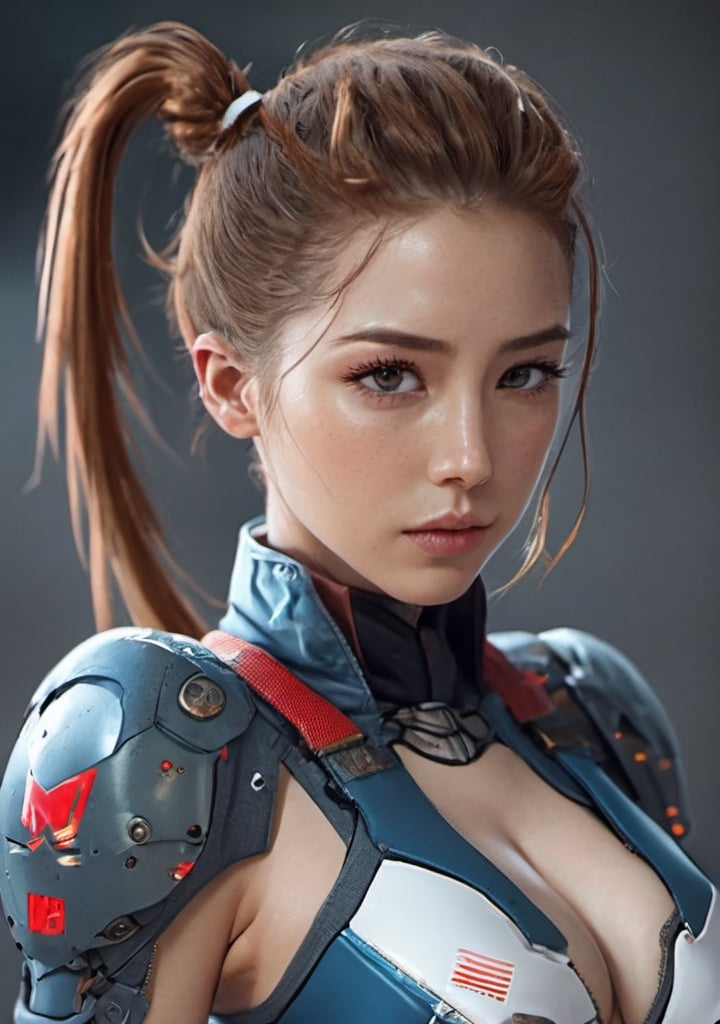 Super Sexy Superheroines, ultra-detailed, 
((High resolution)),((high detailed)), cowboy shot, photorealistic, masterpiece, official art, futuristic space background, blur backgound,
raw photo, best quality, 8k resolution, 
sole_female, character focus, 20 years old, ginger hair, ponytail hair, two buns, head gear, resemble gal gadot, mecha, mechanical girl, neon red exosuit, neon genesis evangalion, mechanical pilot suit, beautiful eyes, (delicate face), perfect detail, perfect feet, sexy legs, open legs, medium breast, nice boobs, lots of exposed skin, full body, 
cinematic lighting, dark studio, ((hyper detailed face)),((hyper detailed eyes)),(((exposed thighs))),mecha musume