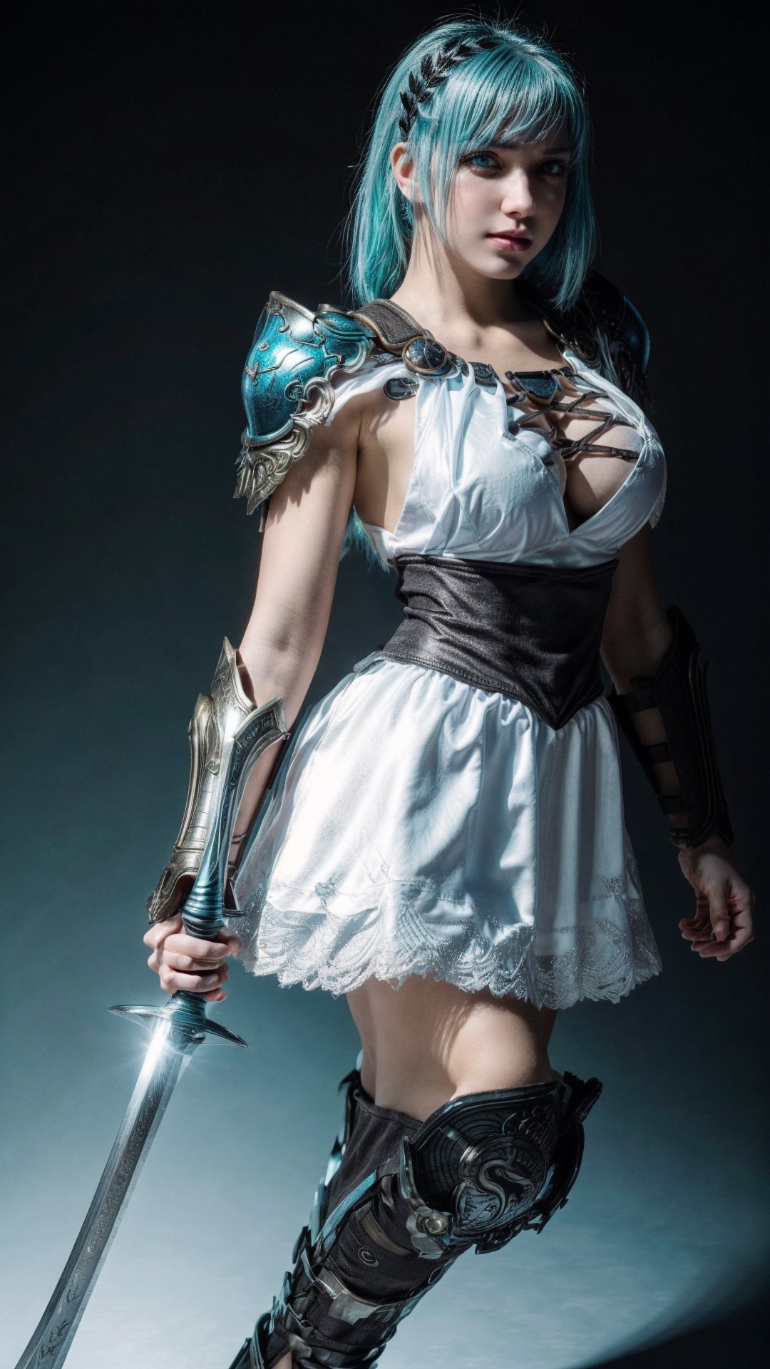 super sexy superheroines, centered, full body, | aqua hair color, light blue eyes, | super Sexy girl in full body platinum armor, armored thighs, pauldrons, wielding a sword | (simple background, black background:1.2),sophitia_whitedress_aiwaifu