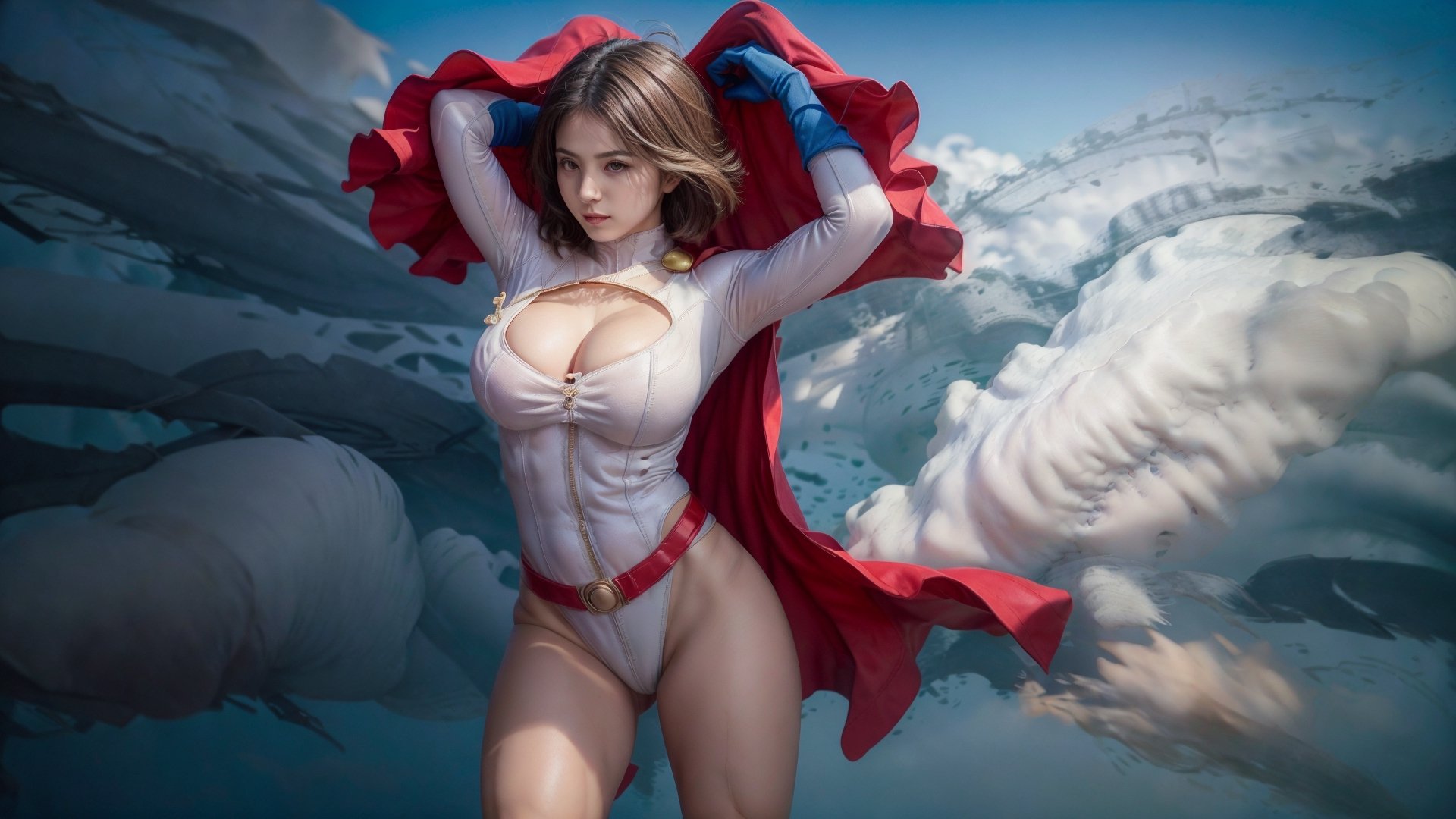 (Power girl:1.2), (power girl DC), (blonde hair), (bob cut), white latex, (elbow length gloves:1.2), cleavage, skin tight, (leotard), (cleavage hole), (cleavage circle), (boob window), (white latex), shiny, (green boots:1.2), (high-heel boots), (thigh high boots), (white leotard), (blue gloves:1.2), (red cape), (sash cape), (blue boots), (red belt:1.2), (Gigantic breasts), (gigantic cleavage), (muscular woman:1.2), (gigantic breasts), (huge breasts), high detail, long legs, (Gigantic breasts), (Massive breasts), (muscular woman:1.2), huge breasts, high detail, long legs, (athletic woman), (very tiny waist:1.4), Beautiful detailed face, best quality, (layered hair), tiny waist, firm lips, full lips, thin waist, Big breasts, sanpaku eyes, high resolution, high quality, Hair over eyes, ,powergirl,cape,boob window,bul4n,red belt