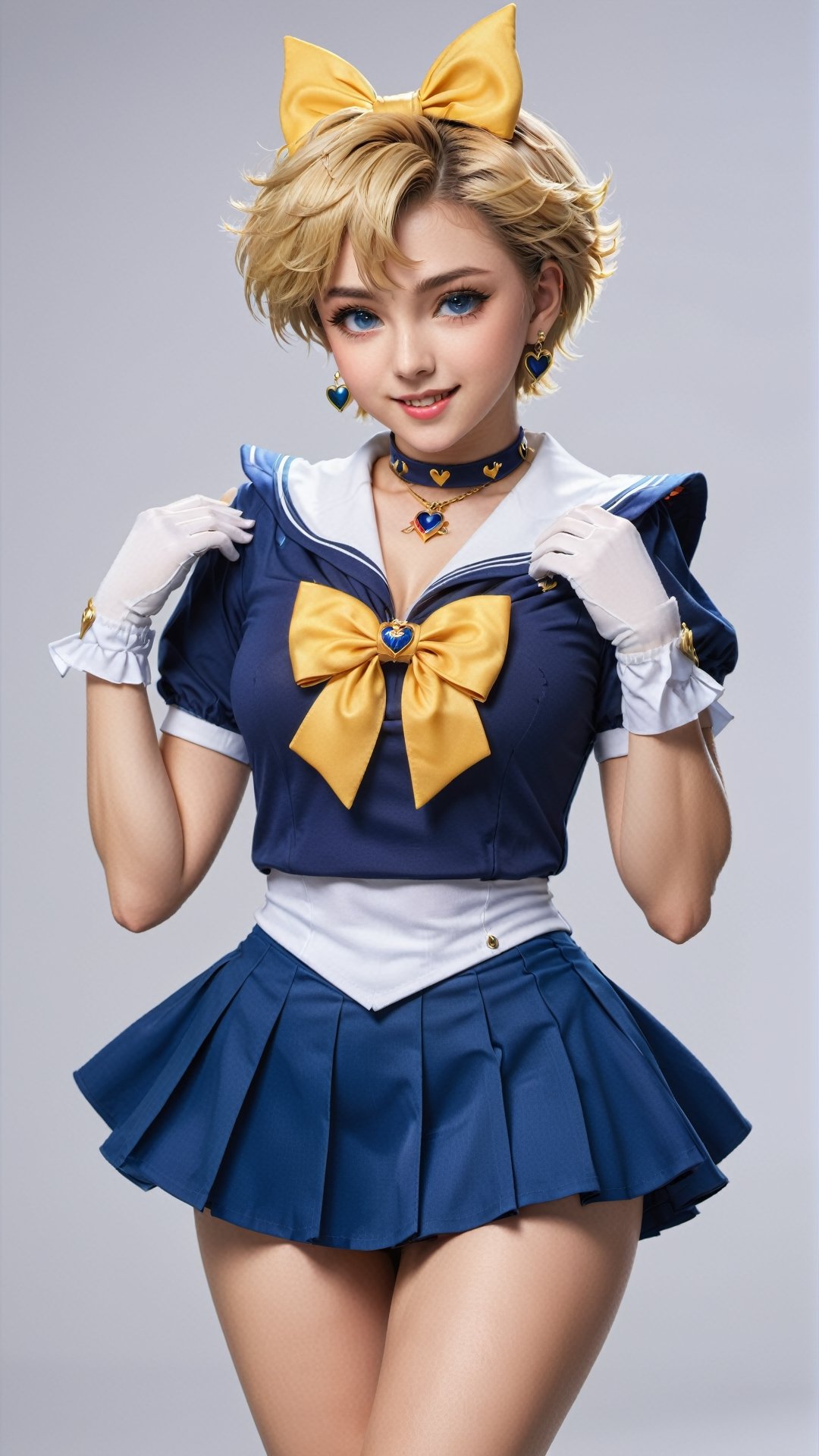 masterpiece, best quality, high resolution, unity 8k wallpaper, beautiful detailed eyes, extremely detailed face, perfect lighting, extremely detailed CG, perfect hands, perfect anatomy sailor uranus, very short hair, blonde hair, blue eyes, tiara, blue sailor collar, sailor collar, blue choker, yellow bow, blue footwear, bow, brooch, choker, earrings, elbow gloves, gloves, heart, heart brooch, sailor collar, skirt, pleated skirt, sailor collar, sailor senshi uniform, skirt, stud earrings, white gloves smiling, twinkle in the eyes, hero pose, straight legs to sides, V fingers,sailor uranus