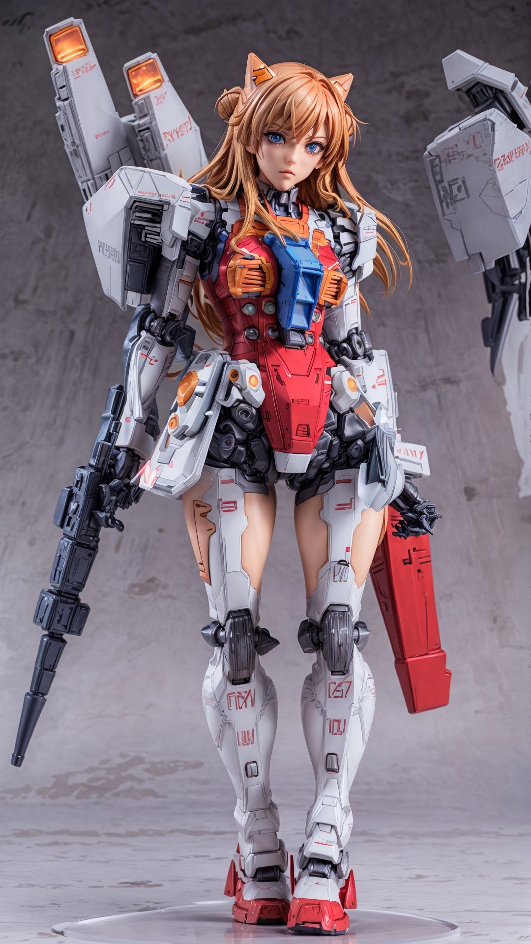 ((High resolution)),((high detailed)),cowboy shot, photorealistic, masterpiece, official art, crimson red and white background,raw photo, best quality, 1girl, character focus, 17 years old, ginger hair, long hair, two buns, resemble Asuka Langley, mecha, mechanical girl, red black exosuit, neon genesis evangalion, mechanical pilot suit, beautiful eyes, (delicate face), perfect detail, perfect feet, cinematic lighting, dark studio, ((hyper detailed face)),((hyper detailed eyes)),(((exposed thighs)))