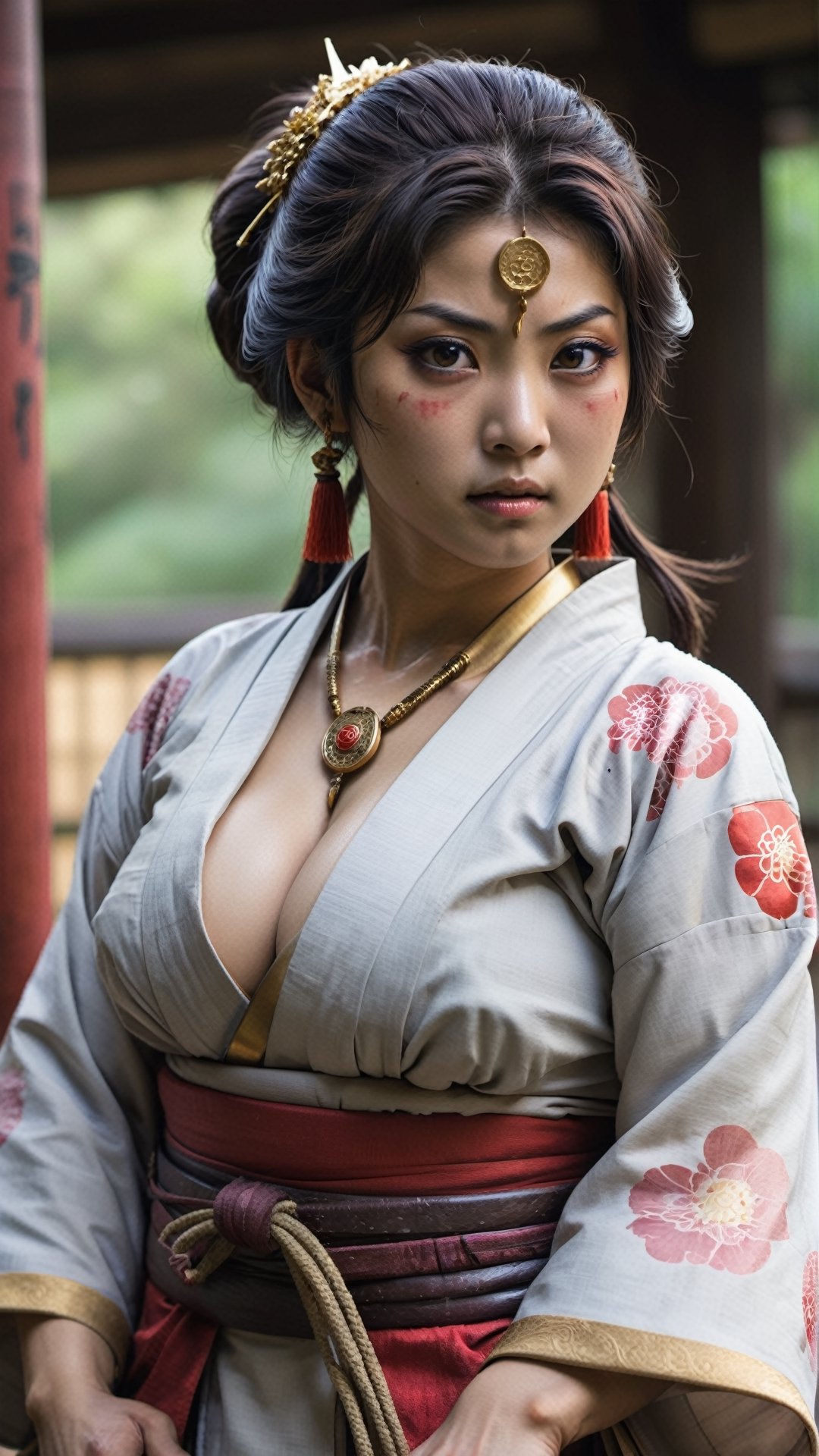 3ultra Detailed,Realistic, Worn and dirty soiled male kimono,dirty skin,bathed blood, 1 beautiful young Girl, handsome and strong Arabian Girl,gigantic breast,(Cleavage),(curvy body),dark skin,Chakra,Indian Jewelry,nose piercing,luxury golden necklacs, Japan Medieval age foreigne,hakama,Japanese style gaiter,fight pose,Japanese bow, ,A Arabian SAMURAI Girl who has fought on the battlefield for a long time and considers the honor of a samurai to be his first priority,