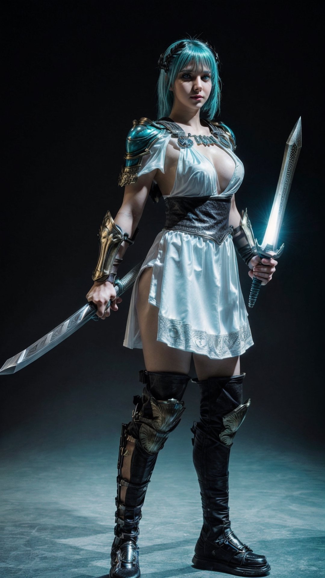 super sexy superheroines, centered, full body, | aqua hair color, light blue eyes, | super Sexy girl in full body platinum armor, armored thighs, pauldrons, wielding a sword | (simple background, black background:1.2),sophitia_whitedress_aiwaifu