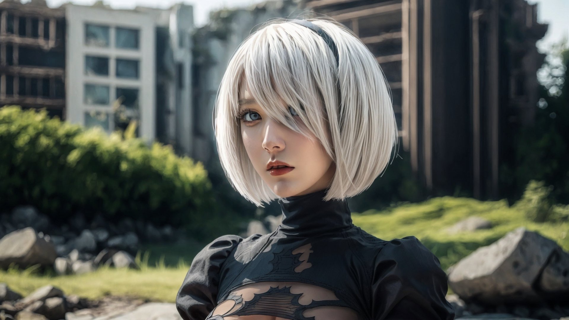 1girl, yorha no. 2 type b, solo, bob cut, blue eyes, white hair, parted lips, lips, breasts, medium breasts, long sleeves, juliet sleeves, cleavage cutout, black hairband, parted lips, black thighhighs, white gloves, cleavage, turtleneck, bangs, feather trim, feather-trimmed sleeves, covered navel, white leotard, standing, portrait outdoors, post-apocalypse, day,yorha no. 2 type b,n_2b