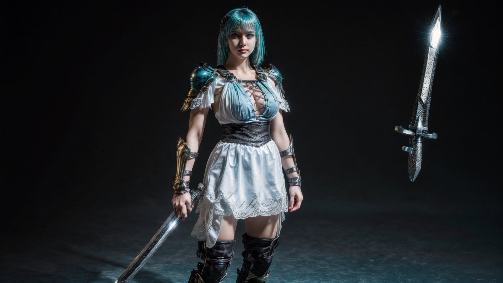 super sexy superheroines, centered, full body, | aqua hair color, light blue eyes, | super Sexy girl in full body platinum armor, armored thighs, pauldrons, wielding a sword | (simple background, black background:1.2),sophitia_whitedress_aiwaifu